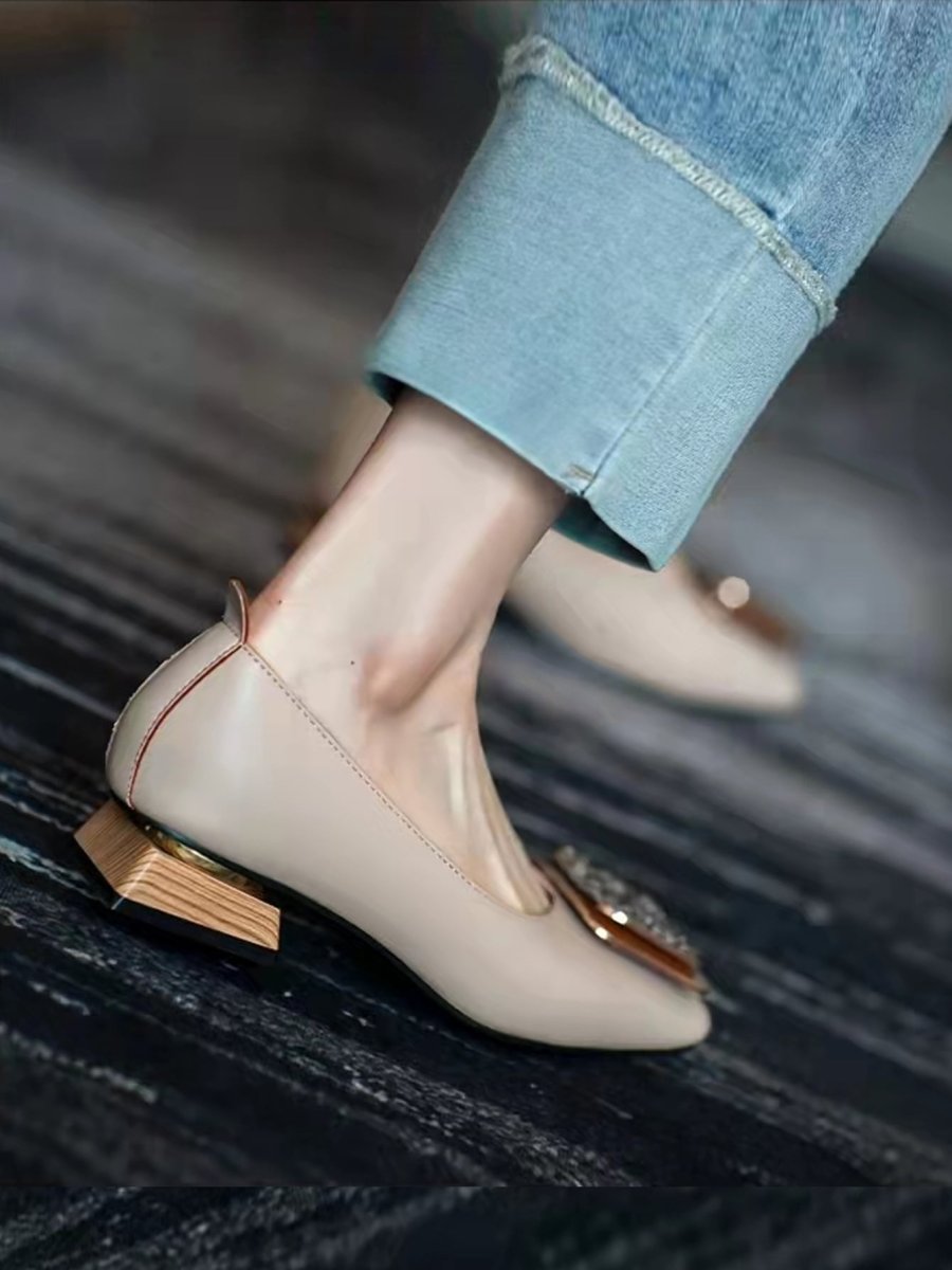 H6309P Zapatos planos con punta cuadrada y decoración de diamantes de imitación, zapatos planos para mujer de color sólido con diamantes de imitación para fiestas de albaricoque - Imagen 3