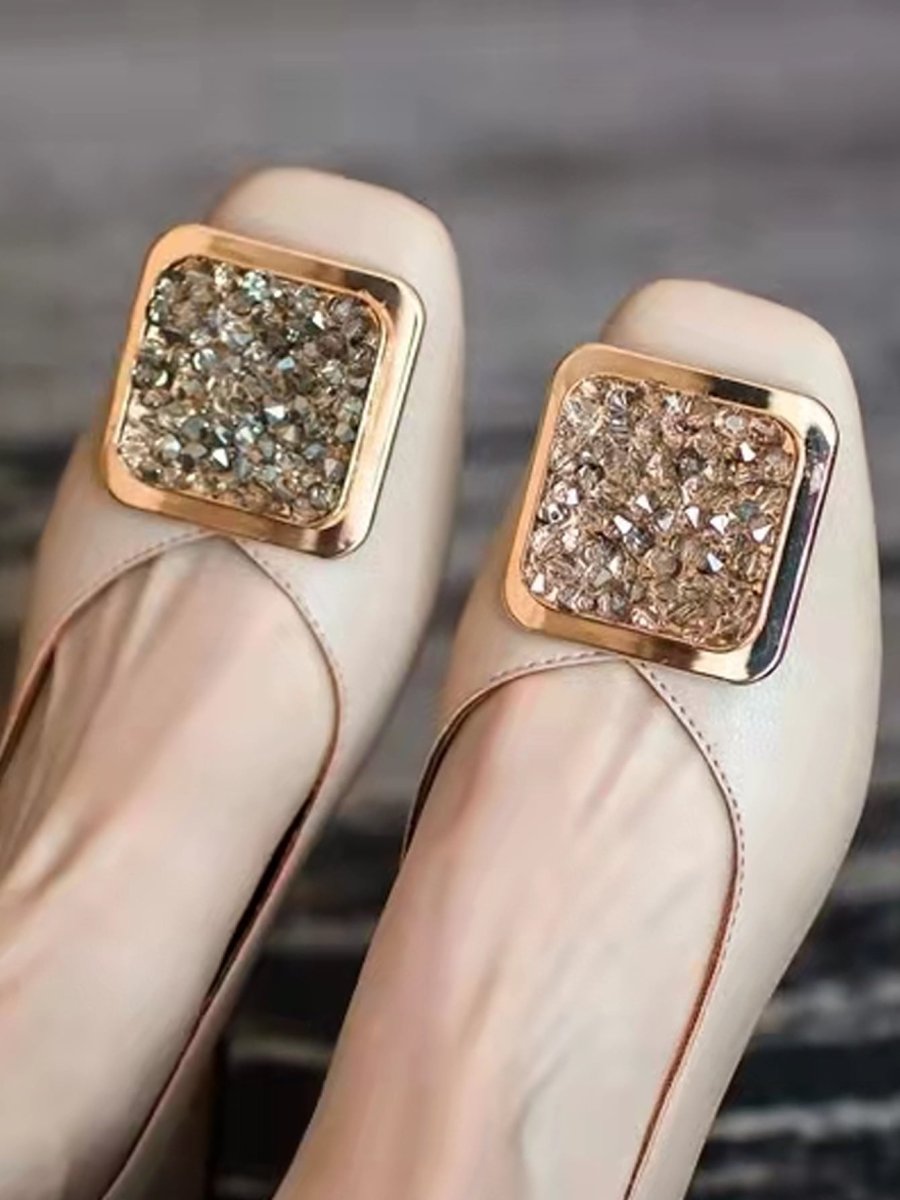 H6309P Zapatos planos con punta cuadrada y decoración de diamantes de imitación, zapatos planos para mujer de color sólido con diamantes de imitación para fiestas de albaricoque - Imagen 5