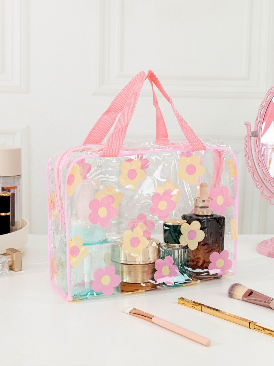H4433P Linda bolsa de maquillaje de viaje transparente con estampado de flores, un organizador cosmético multifuncional, liviano e impermeable para guardar artÃculos de tocador, cepillos, teléfono móvil y artÃculos pequeños, con cierre de cremallera para hogar, - Imagen 3