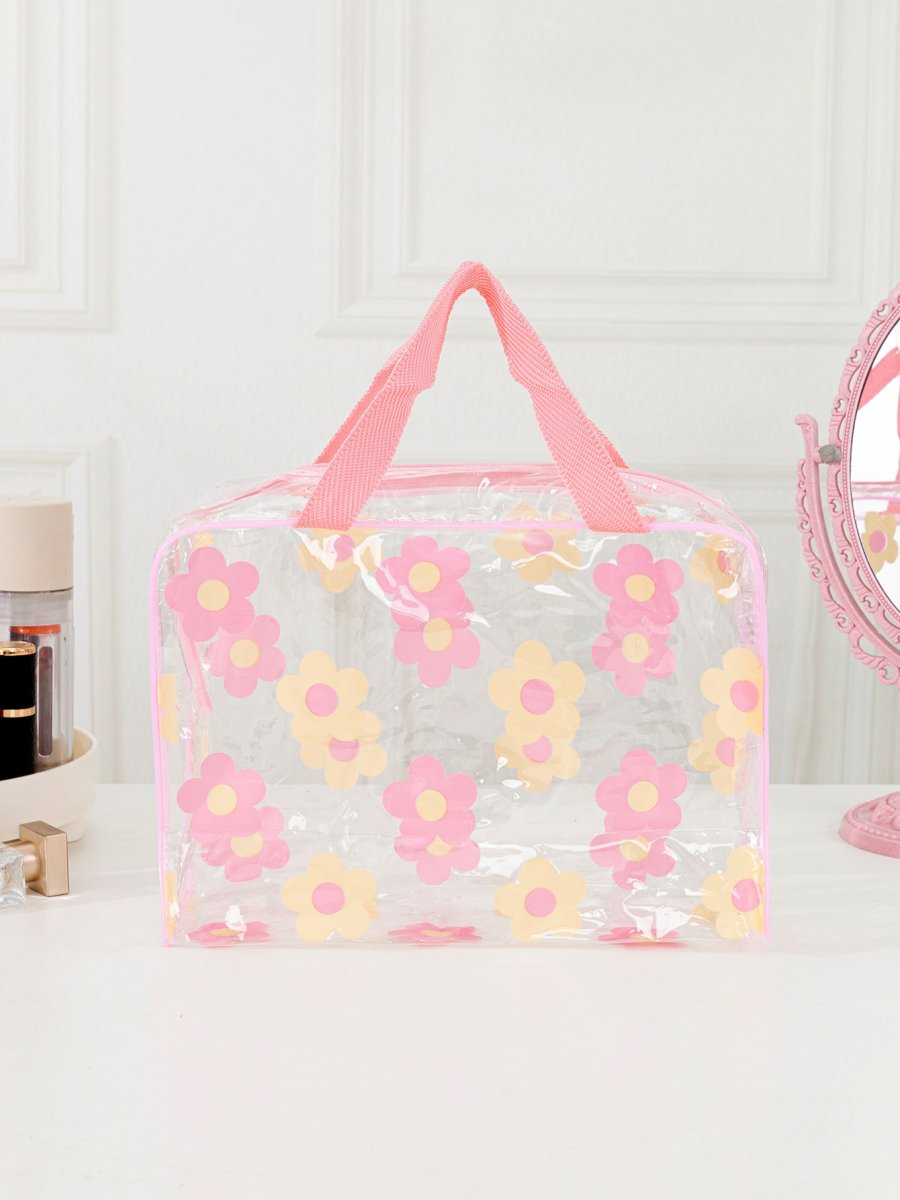 H4433P Linda bolsa de maquillaje de viaje transparente con estampado de flores, un organizador cosmético multifuncional, liviano e impermeable para guardar artÃculos de tocador, cepillos, teléfono móvil y artÃculos pequeños, con cierre de cremallera para hogar, - Imagen 4