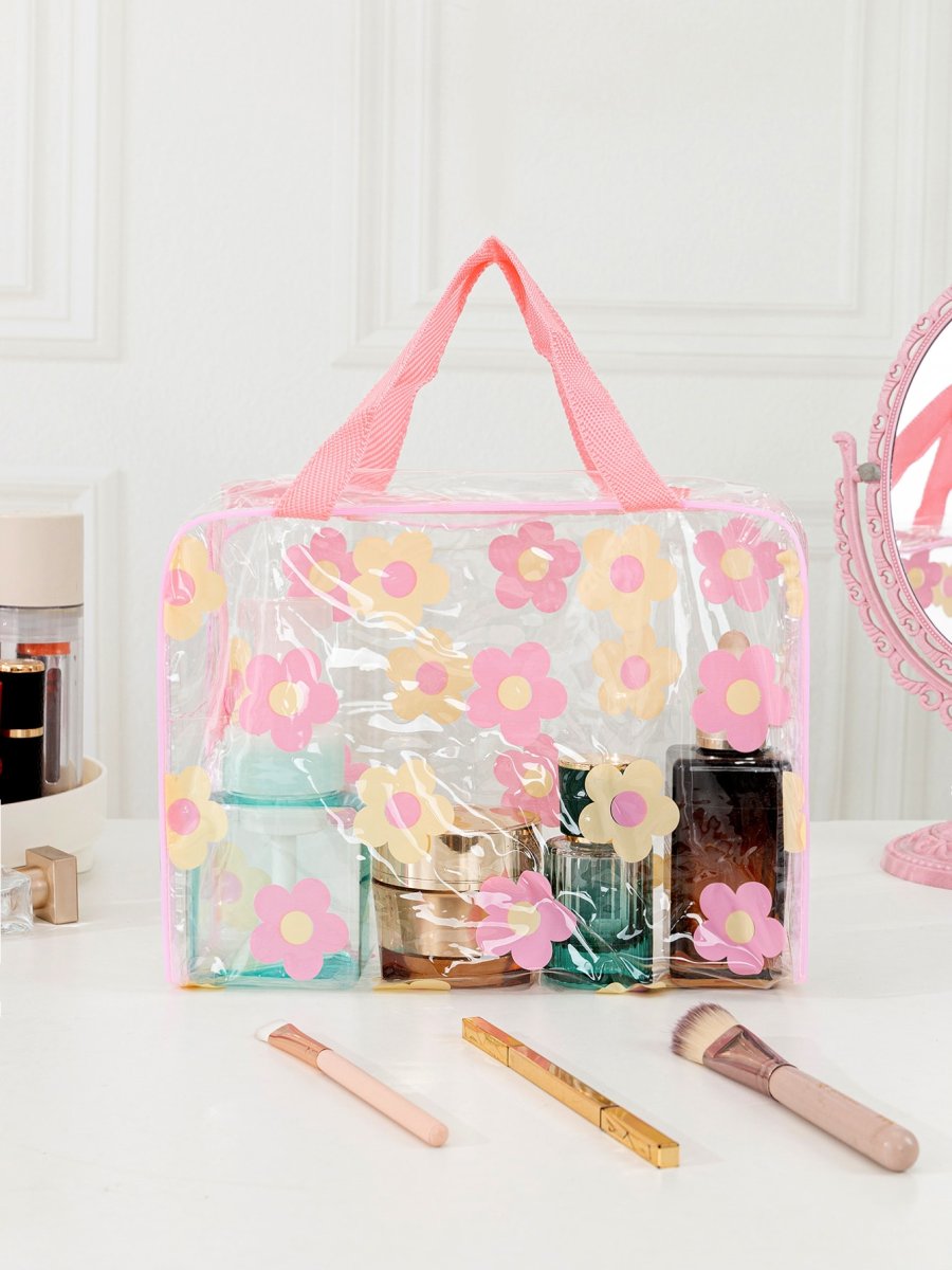 H4433P Linda bolsa de maquillaje de viaje transparente con estampado de flores, un organizador cosmético multifuncional, liviano e impermeable para guardar artÃculos de tocador, cepillos, teléfono móvil y artÃculos pequeños, con cierre de cremallera para hogar,