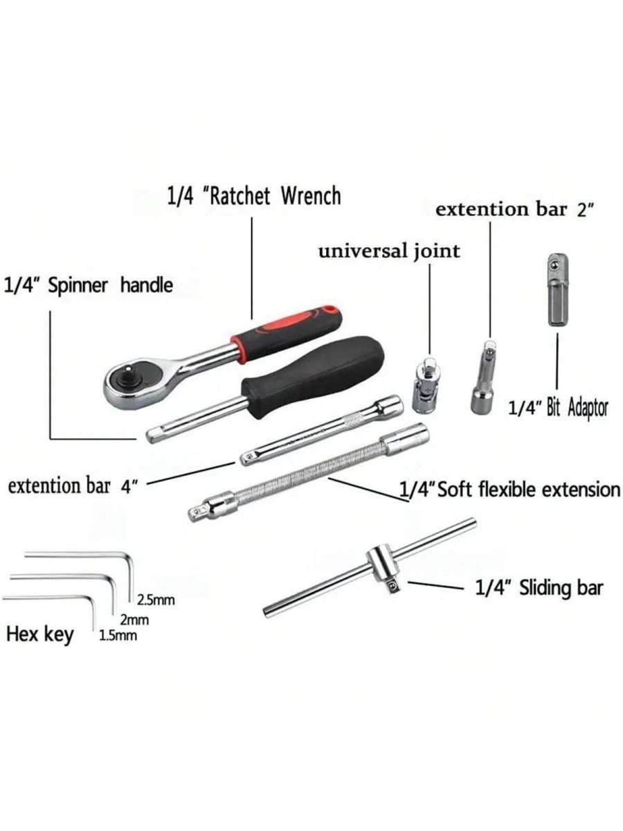 H4219P Juego de 46 llaves de trinquete con dado de accionamiento de 1/4″ con estuche de almacenamiento, incluye juego de dados de punta métrica y barra de extensión para reparación de automóviles y mantenimiento del hogar - Imagen 4