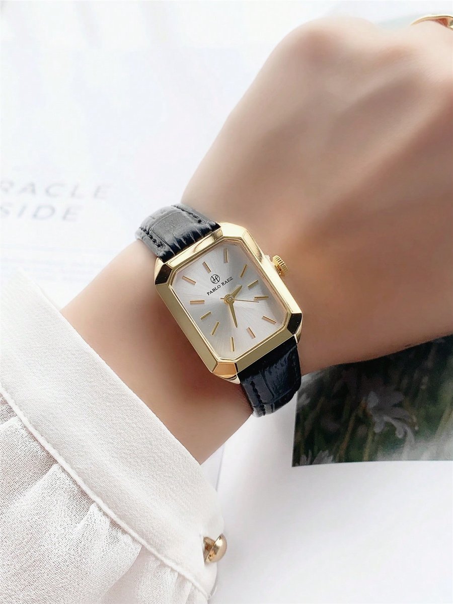 H5326P Reloj femenino dorado de 1 pieza, reloj dorado informal para mujeres, caja cuadrada de acero inoxidable de 18 k, esfera blanca de estilo simple, correa negro elegante, reloj electrónico cuarzo automático resistente al agua y adecuado para la vida diaria y - Imagen 9