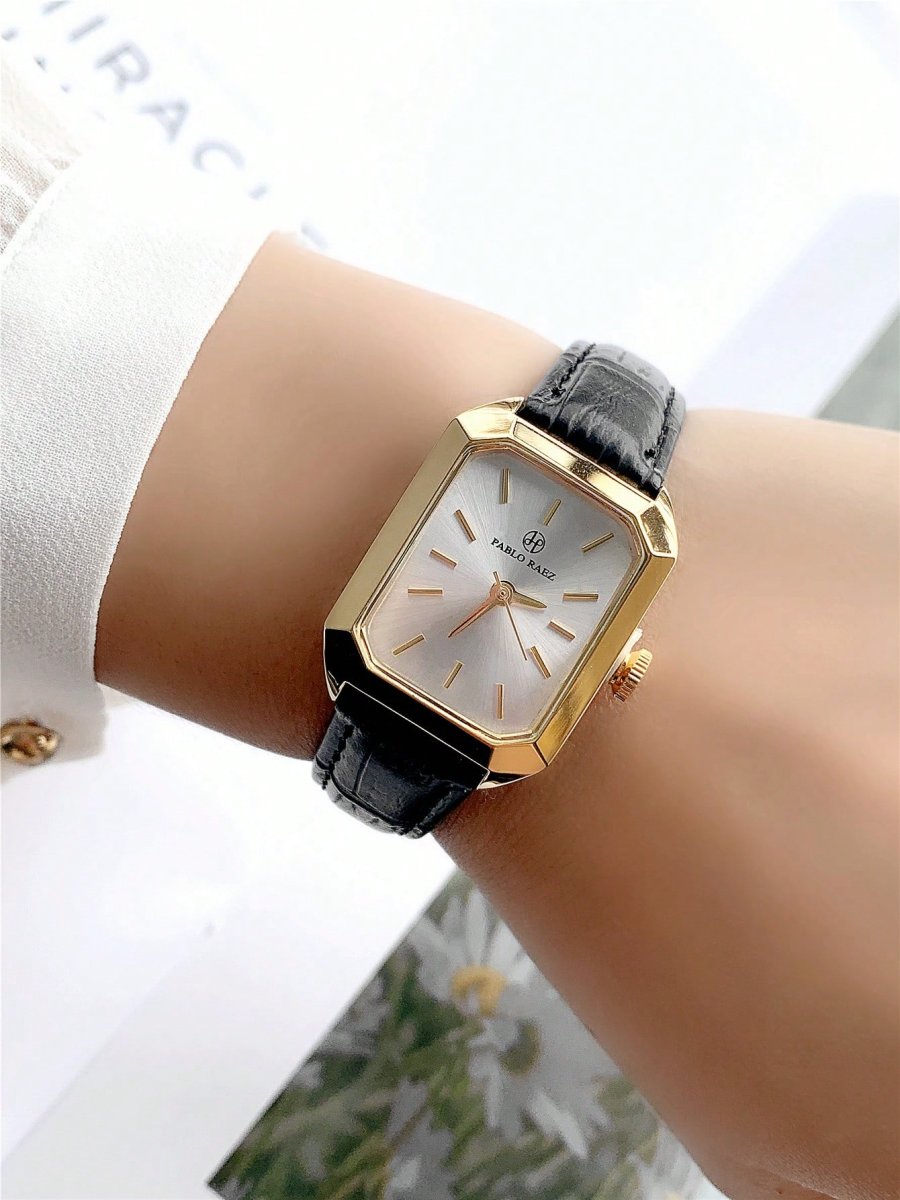 H5326P Reloj femenino dorado de 1 pieza, reloj dorado informal para mujeres, caja cuadrada de acero inoxidable de 18 k, esfera blanca de estilo simple, correa negro elegante, reloj electrónico cuarzo automático resistente al agua y adecuado para la vida diaria y - Imagen 5