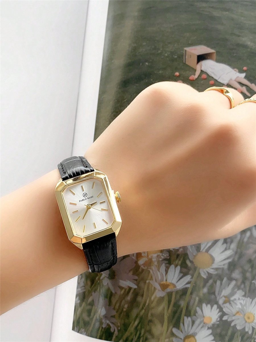 H5326P Reloj femenino dorado de 1 pieza, reloj dorado informal para mujeres, caja cuadrada de acero inoxidable de 18 k, esfera blanca de estilo simple, correa negro elegante, reloj electrónico cuarzo automático resistente al agua y adecuado para la vida diaria y - Imagen 8