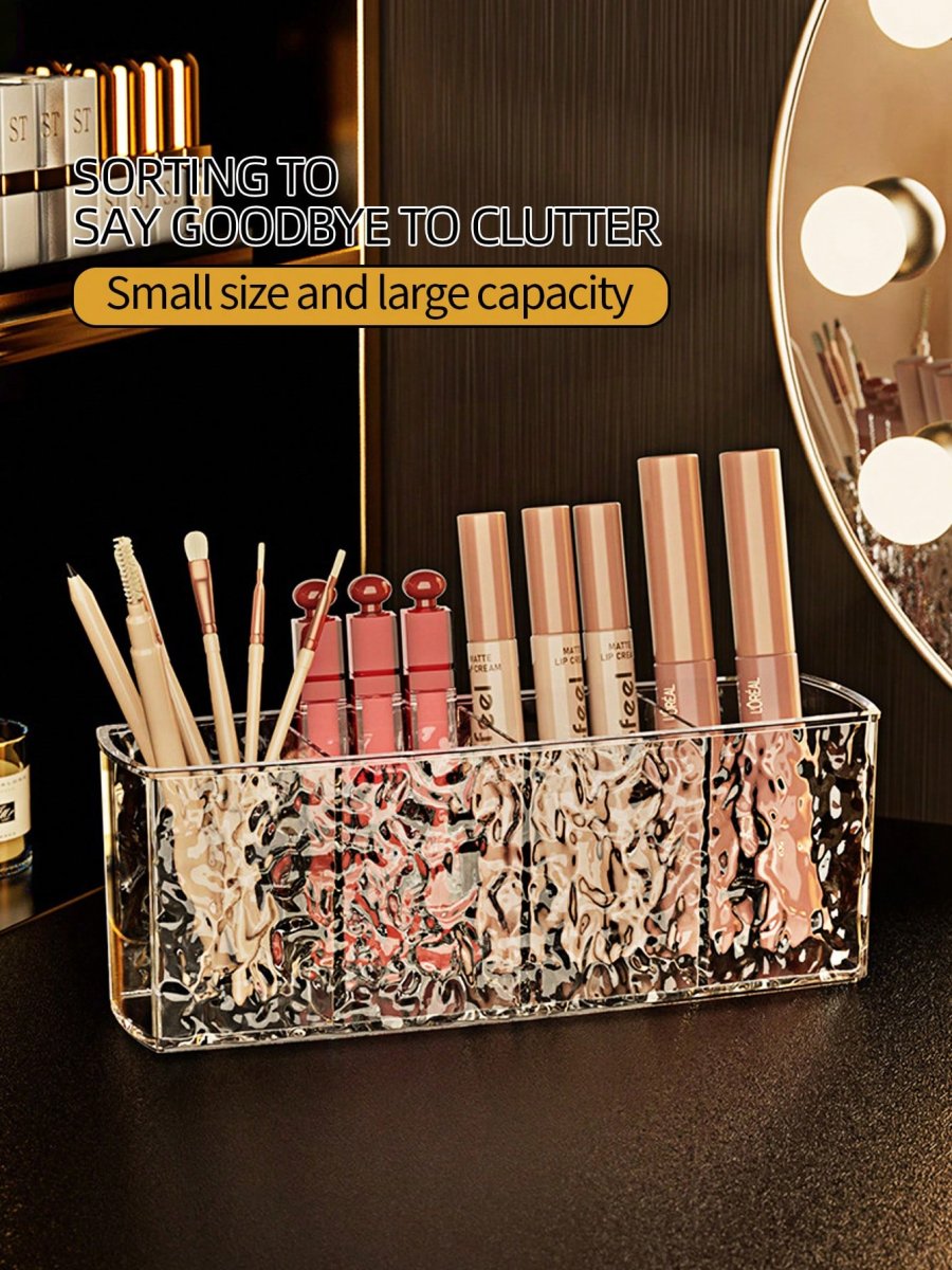 H5632P Soporte Para Bolígrafos Y Para Brochas De Maquillaje Con Patrón De Ondas De Agua Con 4 Compartimentos, Caja De Almacenamiento De Escritorio Con Espejo De Acrílico Transparente Para Guardar Lápices Labiales, Lápices De Cejas, Etc. Caja De Almacenamiento De - Imagen 5