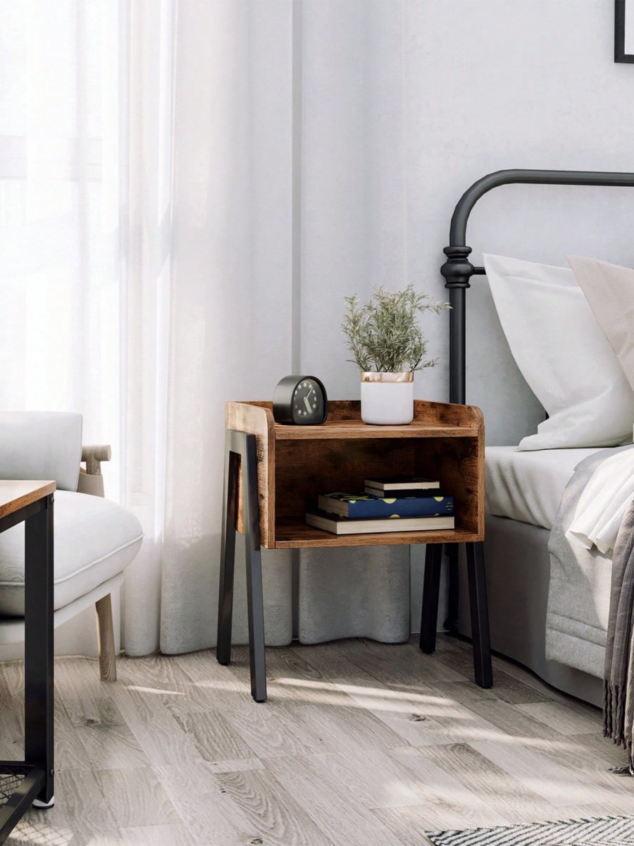 H4683P Mesa Auxiliar, Mesita de Noche, Mesa Lateral, Mesa de café Apilable, con Compartimento Delantero Abierto, Marco Metálico Robusto, Fácil de Montar, Marrón Rústico y Negro - Imagen 3