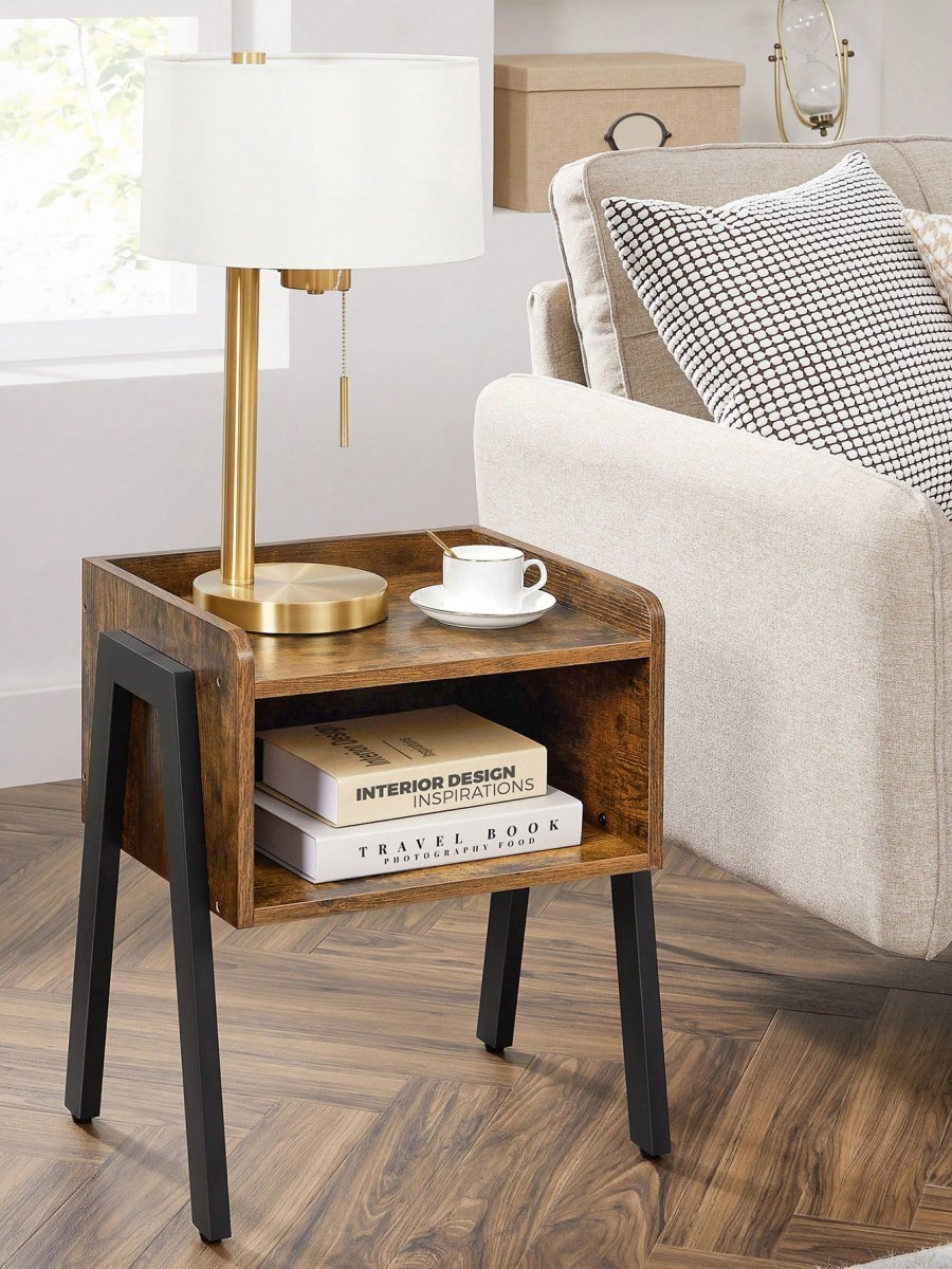 H4683P Mesa Auxiliar, Mesita de Noche, Mesa Lateral, Mesa de café Apilable, con Compartimento Delantero Abierto, Marco Metálico Robusto, Fácil de Montar, Marrón Rústico y Negro - Imagen 4