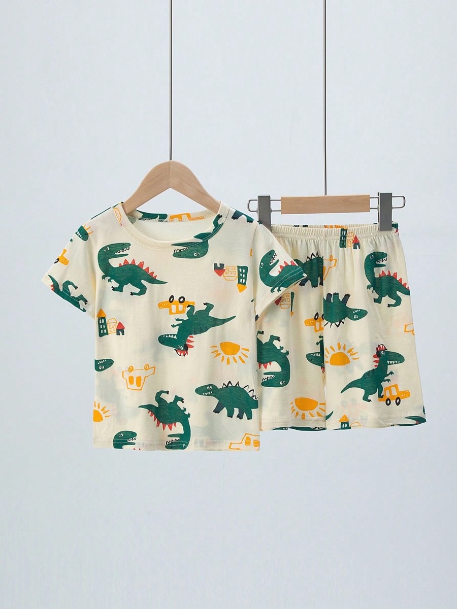 H3406P Conjunto de 2 piezas de pijama para niños, delgado y de algodón, con patrón de dibujos animados de dinosaurios y autos en la parte superior de manga corta y pantalones cortos para verano - Imagen 2