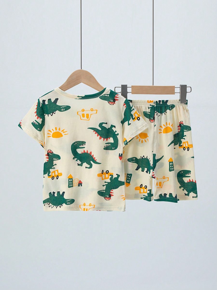 H3406P Conjunto de 2 piezas de pijama para niños, delgado y de algodón, con patrón de dibujos animados de dinosaurios y autos en la parte superior de manga corta y pantalones cortos para verano - Imagen 3