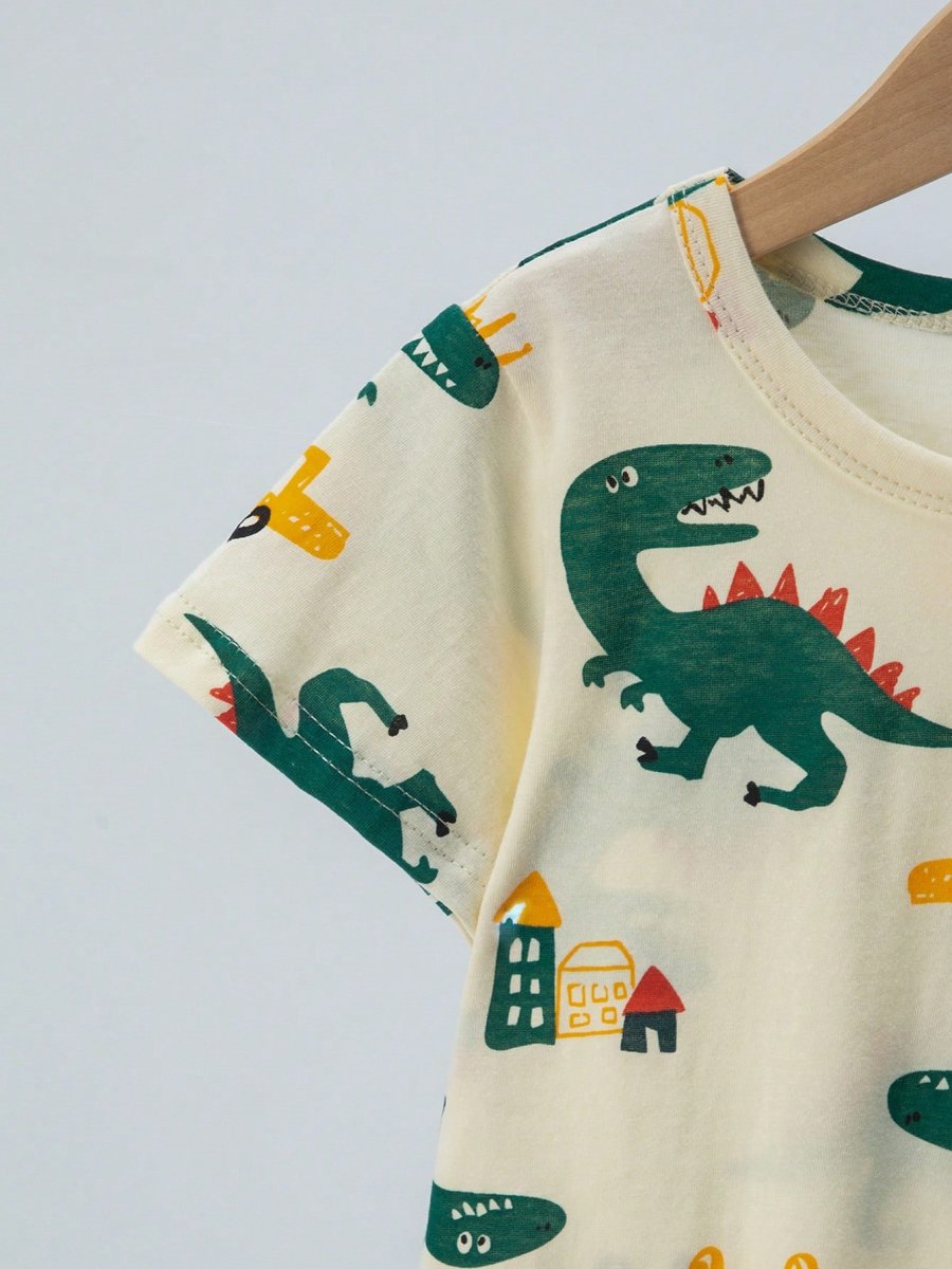 H3406P Conjunto de 2 piezas de pijama para niños, delgado y de algodón, con patrón de dibujos animados de dinosaurios y autos en la parte superior de manga corta y pantalones cortos para verano - Imagen 6