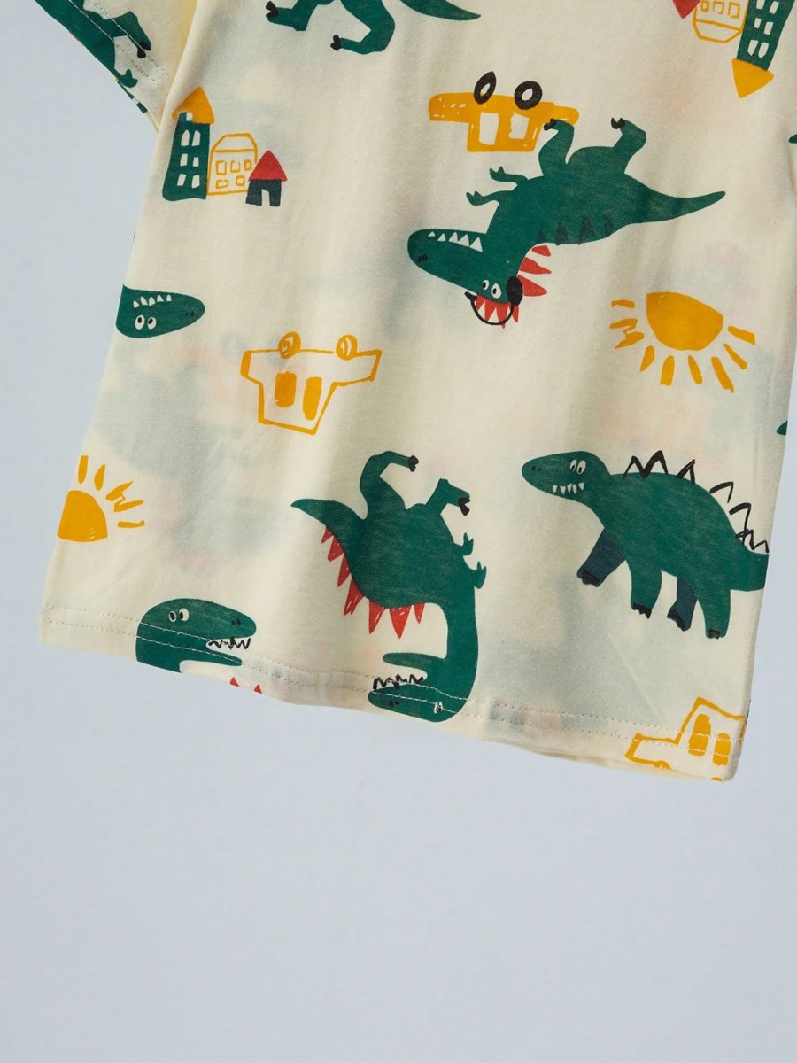 H3406P Conjunto de 2 piezas de pijama para niños, delgado y de algodón, con patrón de dibujos animados de dinosaurios y autos en la parte superior de manga corta y pantalones cortos para verano - Imagen 5