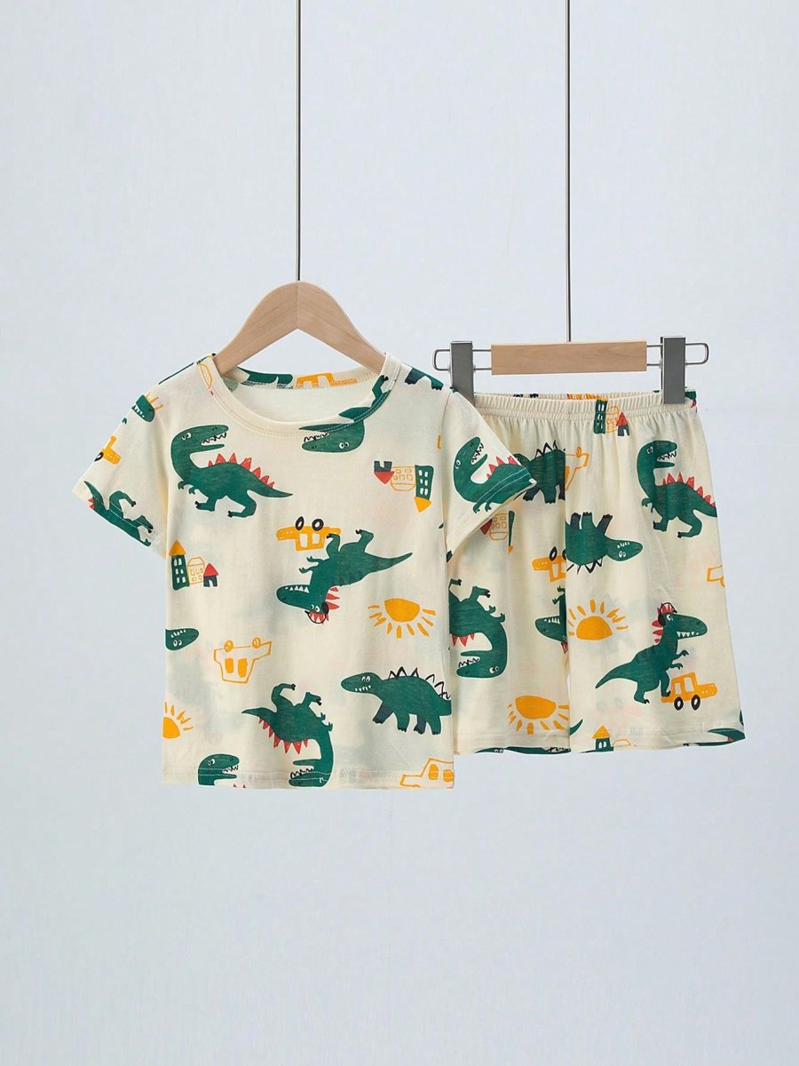 H3406P Conjunto de 2 piezas de pijama para niños, delgado y de algodón, con patrón de dibujos animados de dinosaurios y autos en la parte superior de manga corta y pantalones cortos para verano - Imagen 7