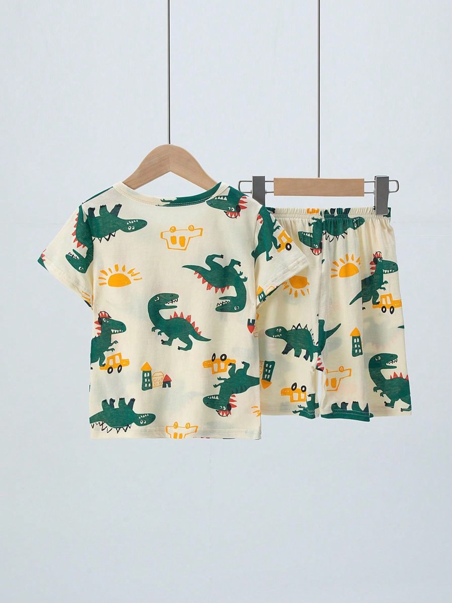 H3406P Conjunto de 2 piezas de pijama para niños, delgado y de algodón, con patrón de dibujos animados de dinosaurios y autos en la parte superior de manga corta y pantalones cortos para verano - Imagen 8