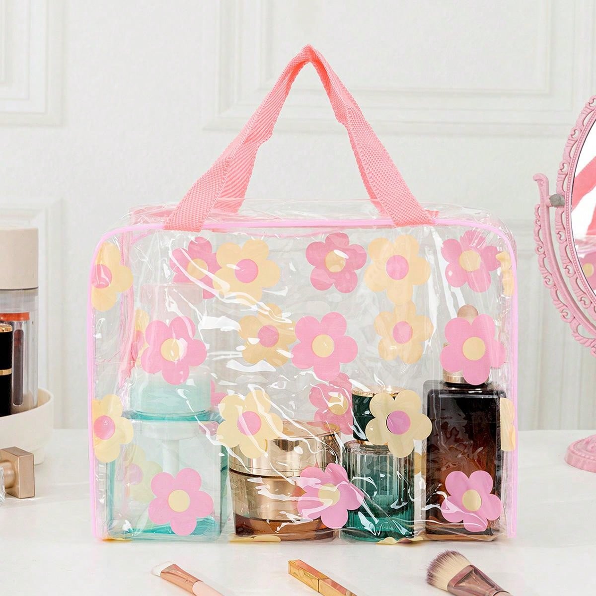 H4433P Linda bolsa de maquillaje de viaje transparente con estampado de flores, un organizador cosmético multifuncional, liviano e impermeable para guardar artÃculos de tocador, cepillos, teléfono móvil y artÃculos pequeños, con cierre de cremallera para hogar, - Imagen 7