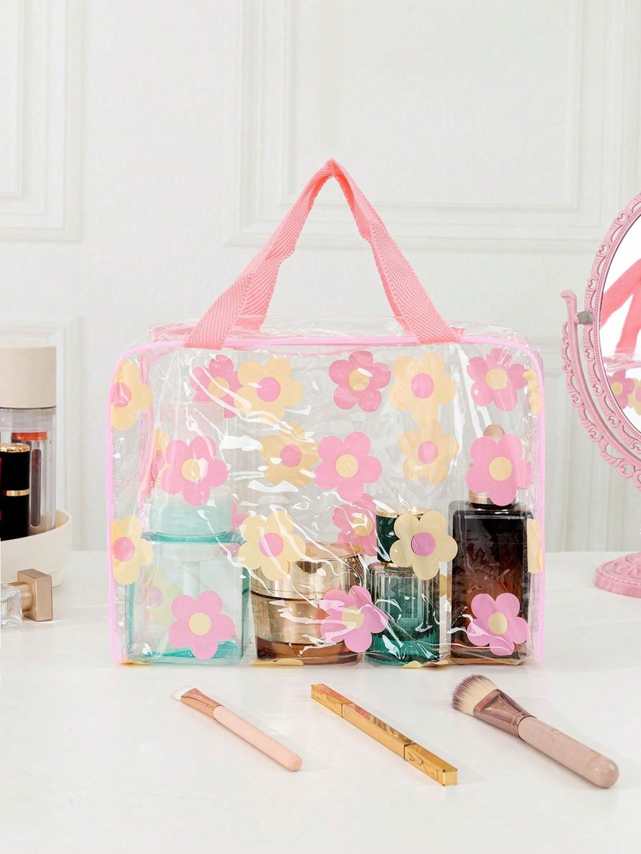 H4433P Linda bolsa de maquillaje de viaje transparente con estampado de flores, un organizador cosmético multifuncional, liviano e impermeable para guardar artÃculos de tocador, cepillos, teléfono móvil y artÃculos pequeños, con cierre de cremallera para hogar, - Imagen 8