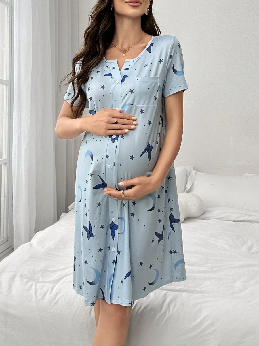 H6153P Vestido de dormir de manga corta con botones delanteros con estampado de mariposas, luna y estrellas para mujeres embarazadas en verano - Imagen 4