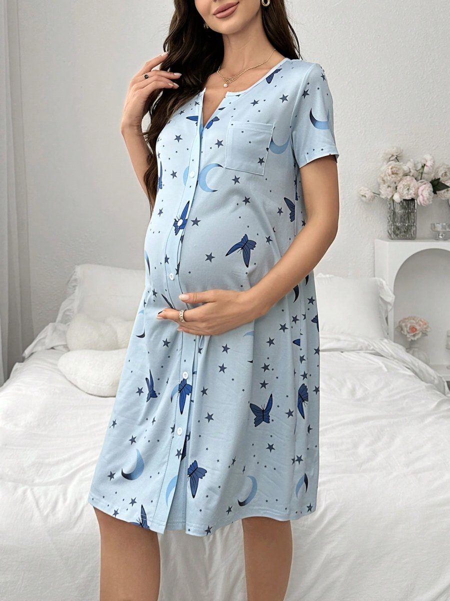 H6153P Vestido de dormir de manga corta con botones delanteros con estampado de mariposas, luna y estrellas para mujeres embarazadas en verano - Imagen 5