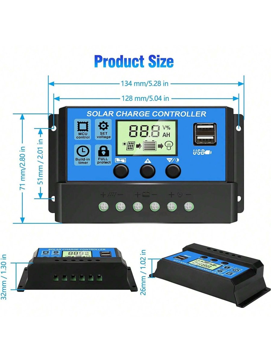 H3552P Controlador de carga solar, controlador de panel solar 12V/24V con pantalla LCD ajustable, regulador de baterÃa de panel solar con puerto USB, controlador de panel solar 10A 20A 30A - Imagen 6