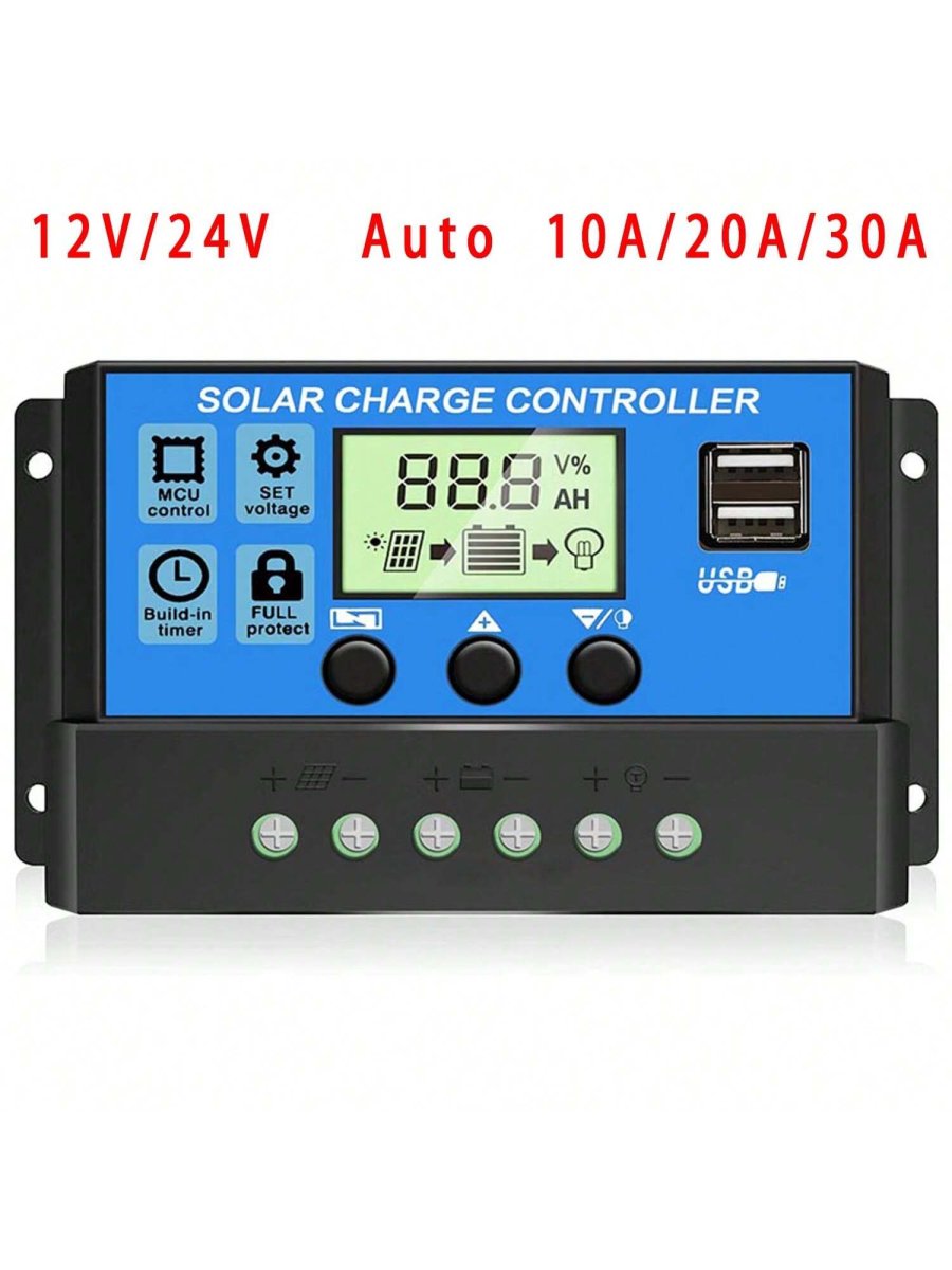 H3552P Controlador de carga solar, controlador de panel solar 12V/24V con pantalla LCD ajustable, regulador de baterÃa de panel solar con puerto USB, controlador de panel solar 10A 20A 30A