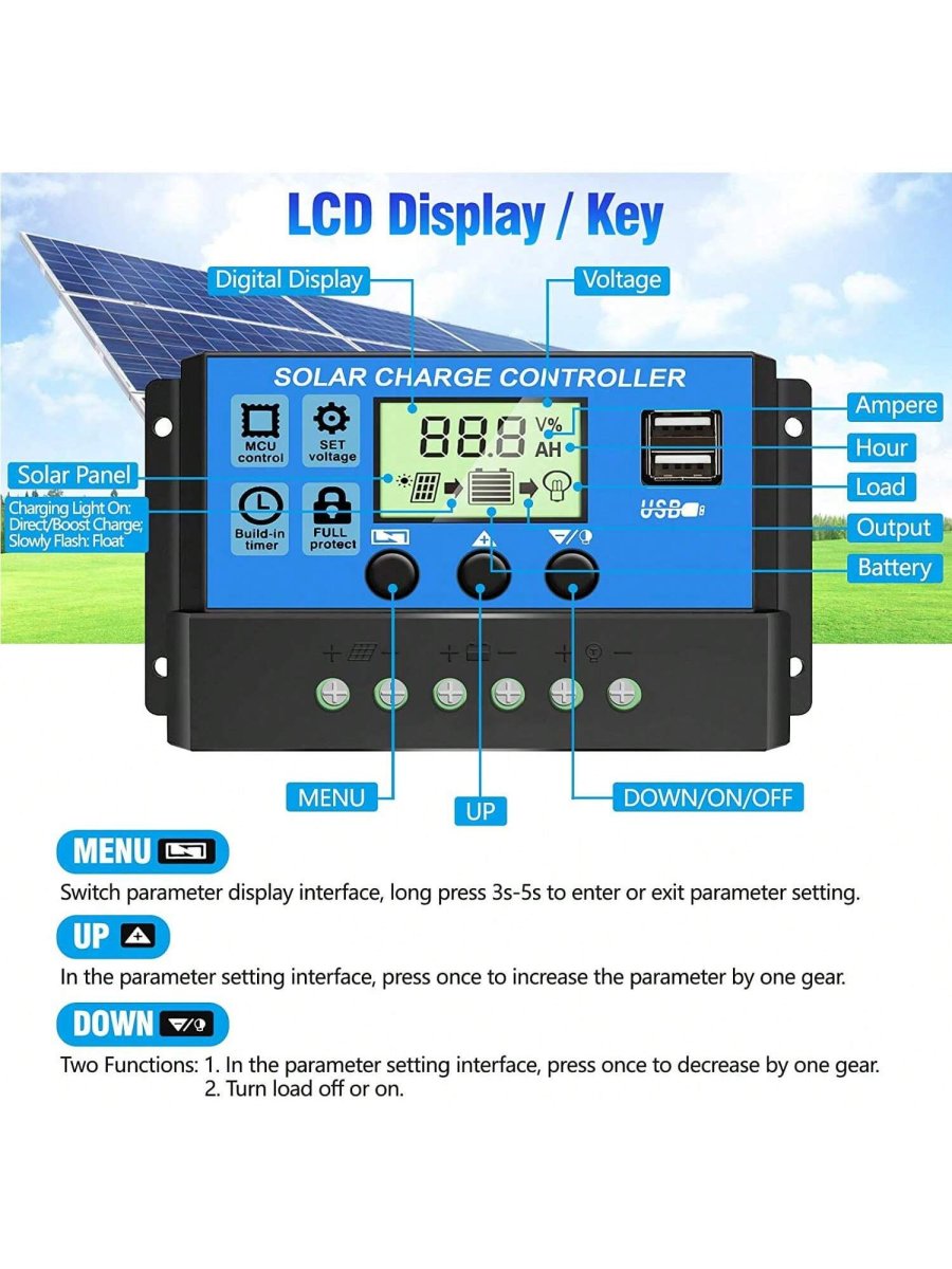 H3552P Controlador de carga solar, controlador de panel solar 12V/24V con pantalla LCD ajustable, regulador de baterÃa de panel solar con puerto USB, controlador de panel solar 10A 20A 30A - Imagen 5