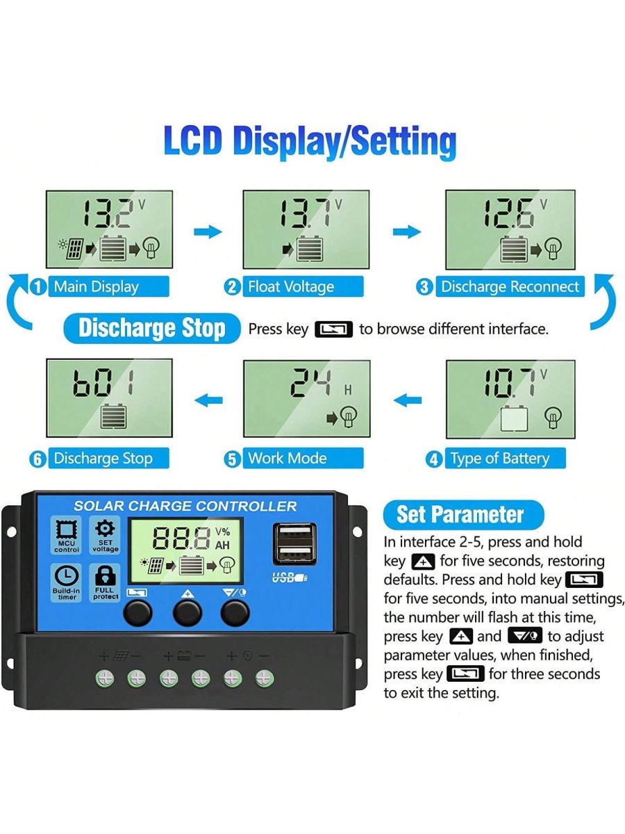 H3552P Controlador de carga solar, controlador de panel solar 12V/24V con pantalla LCD ajustable, regulador de baterÃa de panel solar con puerto USB, controlador de panel solar 10A 20A 30A - Imagen 4