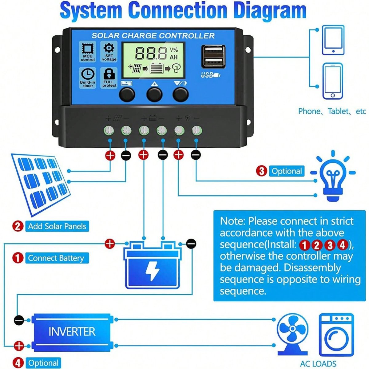 H3552P Controlador de carga solar, controlador de panel solar 12V/24V con pantalla LCD ajustable, regulador de baterÃa de panel solar con puerto USB, controlador de panel solar 10A 20A 30A - Imagen 9