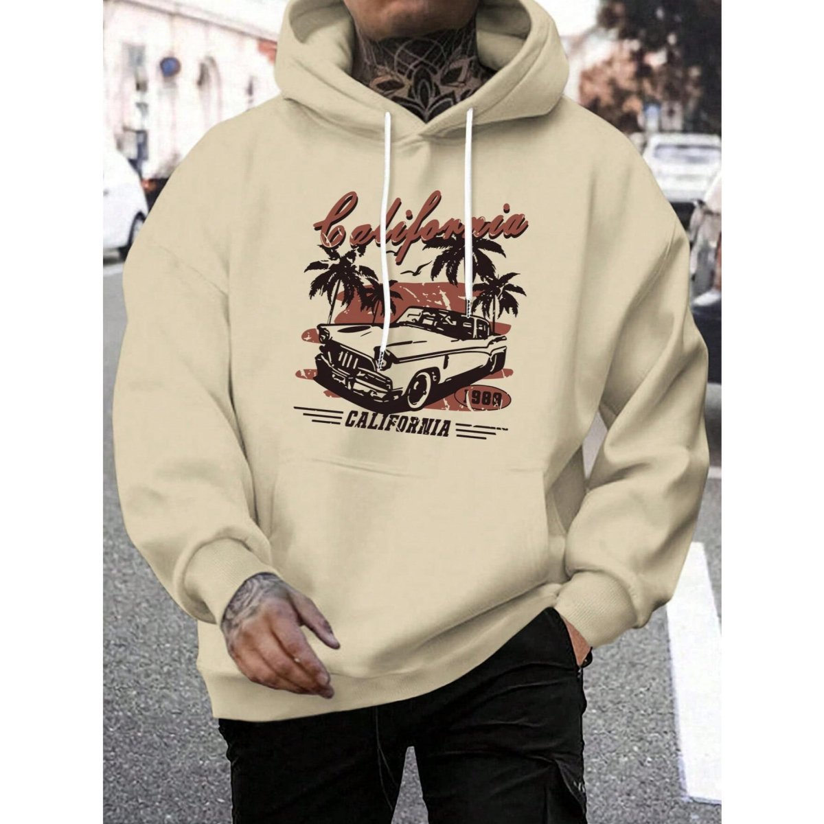 H5685P Sudadera Con Capucha Tropical Para Hombre Con Impresión De Letras, Cordón Ajustable Y Forro Polar