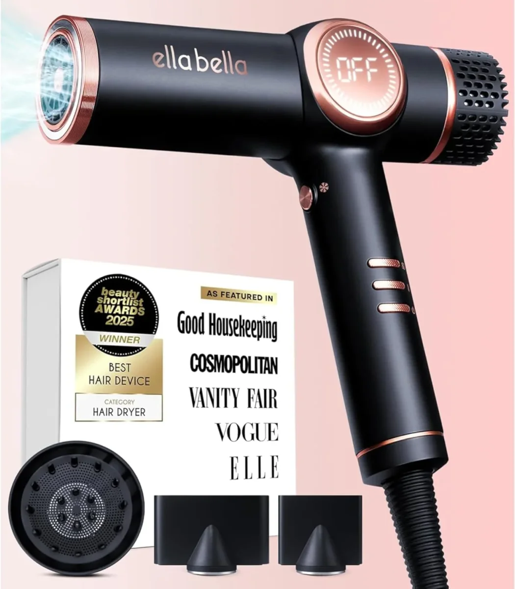 ELLA BELLA® Secador de pelo iónico profesional con difusor • Secador de iones negativos • Adecuado para todo tipo de cabello • Control inteligente del calor y velocidades de secado rápido • Diseño