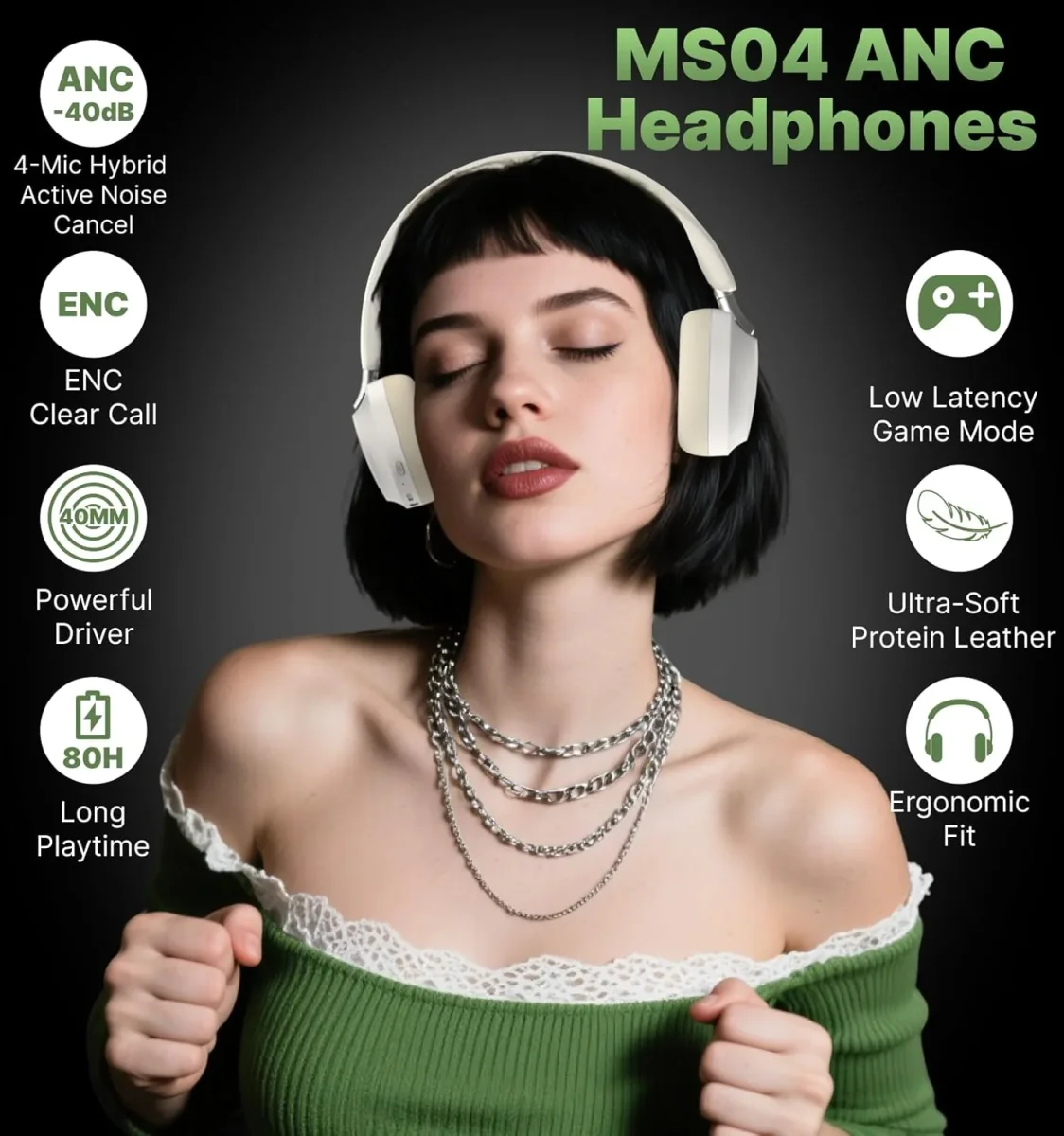 Hmusic MS04 Auriculares con cancelación de ruido sobre la oreja, auriculares hÃbridos ANC de 40 dB, 2 micrófonos ENC, baterÃa de larga duración de 80 horas, audio 3.5 con cable/Bluetooth 5.3, plegable - Imagen 2