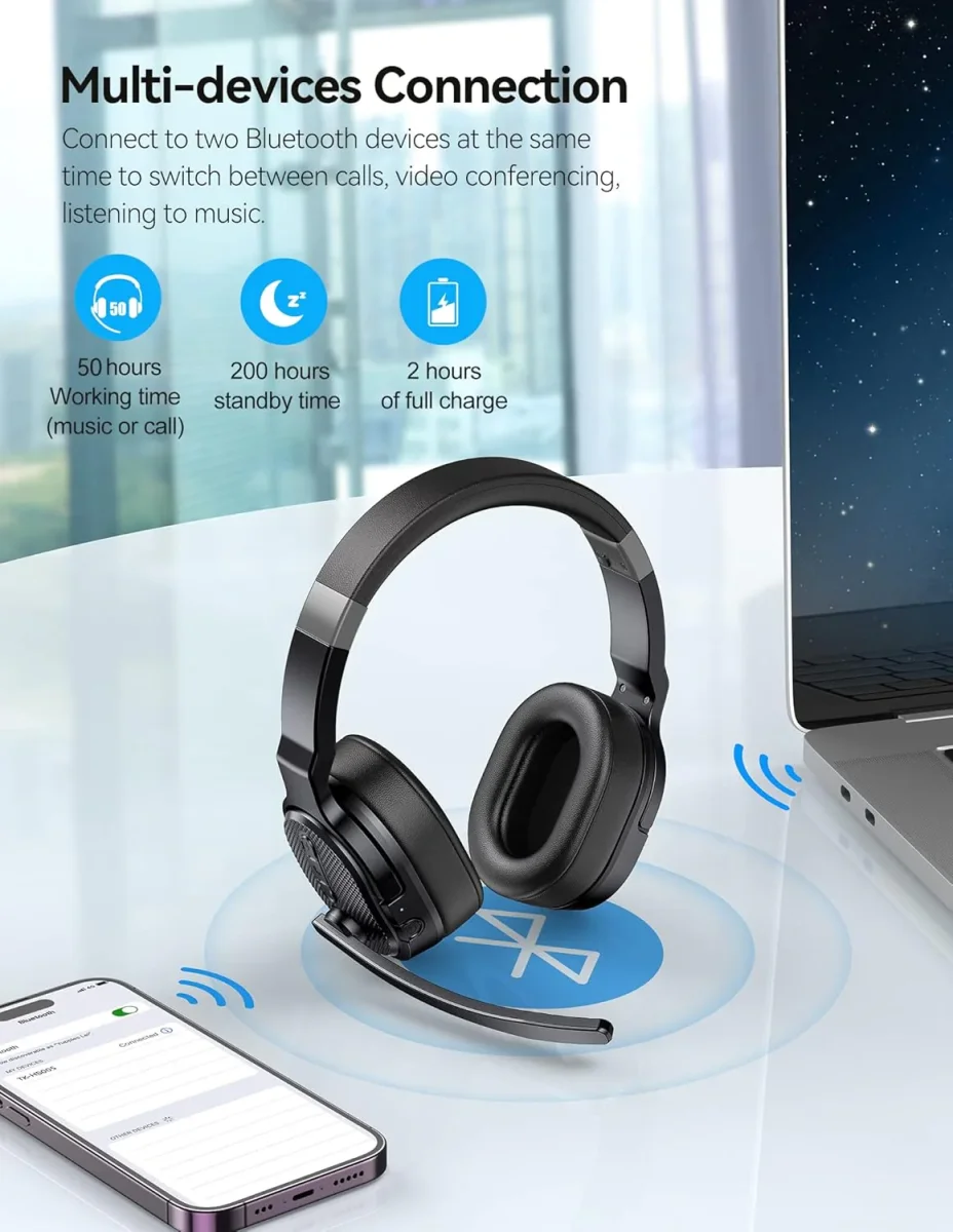 TECKNET Auriculares Bluetooth Trucker, auriculares inalámbricos de una y dos orejas con micrófono para cancelación de ruido en el trabajo, 50 horas, 3 modos de música ecualizados, auriculares - Imagen 5