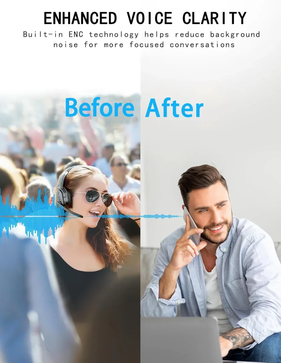 TECKNET Auriculares Bluetooth Trucker, auriculares inalámbricos de una y dos orejas con micrófono para cancelación de ruido en el trabajo, 50 horas, 3 modos de música ecualizados, auriculares - Imagen 4