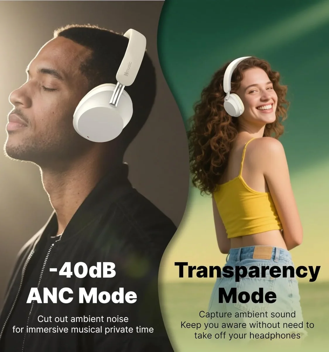 Hmusic MS04 Auriculares con cancelación de ruido sobre la oreja, auriculares hÃbridos ANC de 40 dB, 2 micrófonos ENC, baterÃa de larga duración de 80 horas, audio 3.5 con cable/Bluetooth 5.3, plegable - Imagen 3