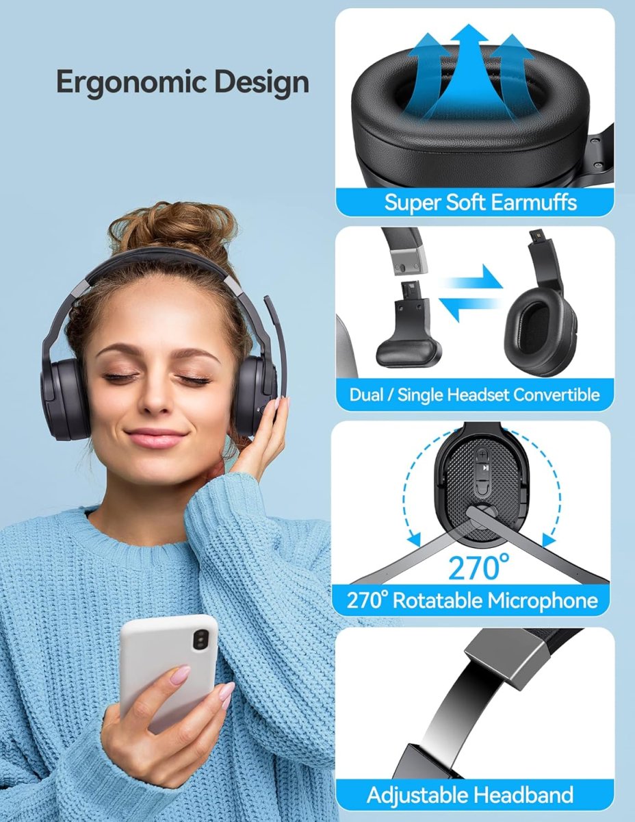 TECKNET Auriculares Bluetooth Trucker, auriculares inalámbricos de una y dos orejas con micrófono para cancelación de ruido en el trabajo, 50 horas, 3 modos de música ecualizados, auriculares - Imagen 3