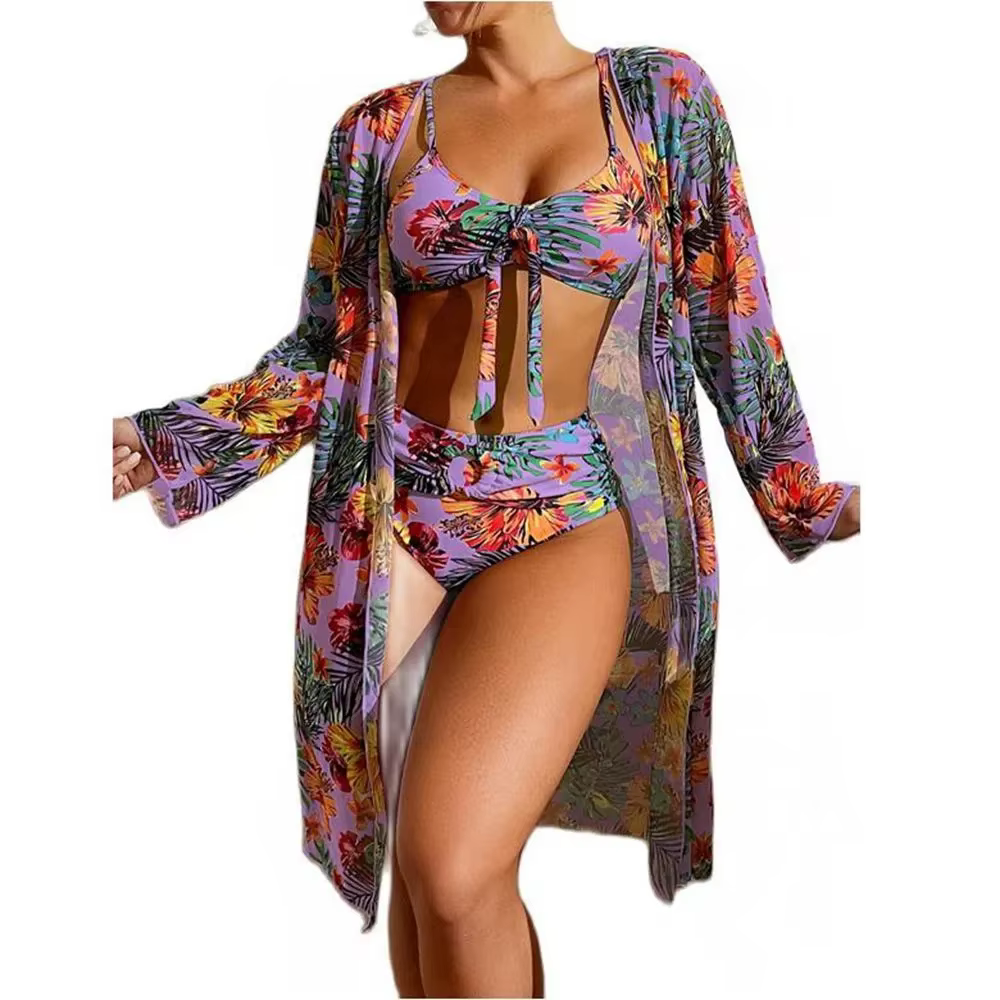 H2625P Bikini de cintura alta con estampado Floral para mujer, traje de baño Sexy de tres piezas, conjunto de Bikini con Blusa de manga larga de malla, nuevos colores añadidos - Imagen 3