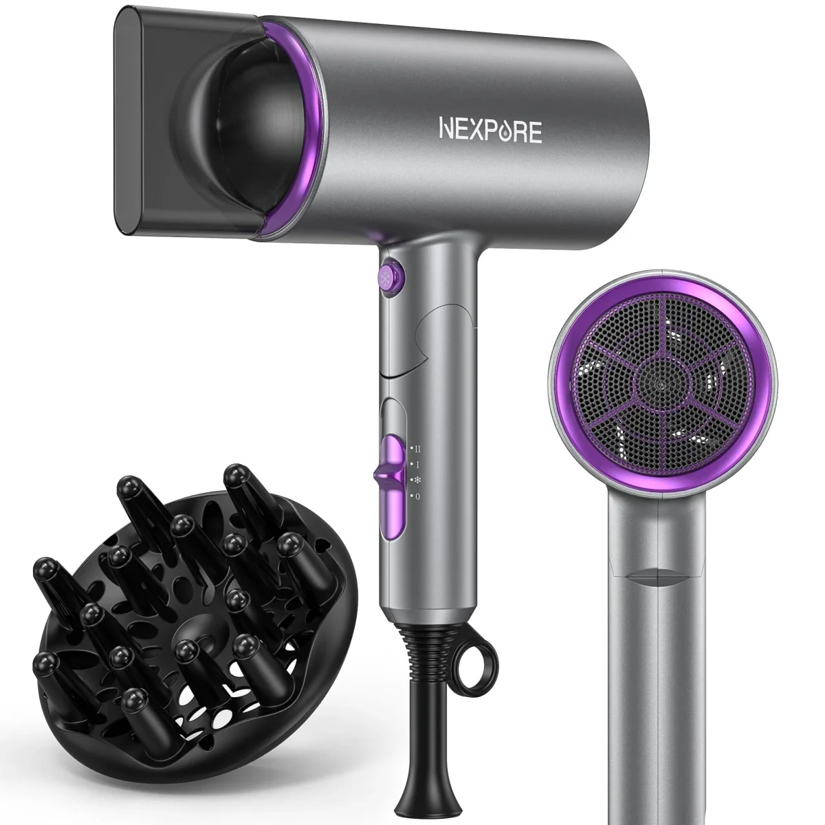 NEXPURE Nueva Actualización de Secador de Pelo Iónico Profesional, Potente Secador de Pelo de 2000W con Accesorios de Difusor y Concentrador, Adecuado para el Hogar y los Viajes, Morado