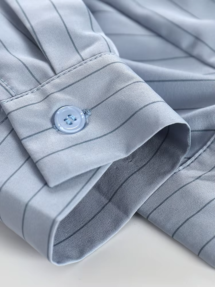 H3032P Camisa de rayas azules para mujer, con solapas, pliegues, cordón, manga larga, suelta, elegante, para mujer, verano otoño - Imagen 5