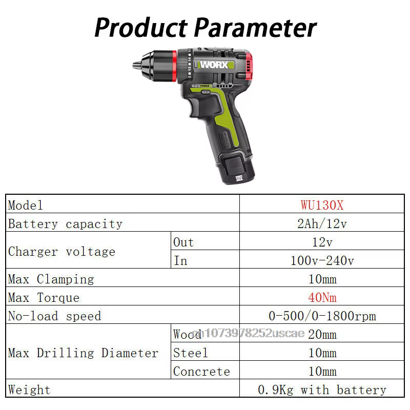 H5812P Taladro eléctrico inalámbrico WORX WU130X 12V 40Nm Motor sin escobillas con bolsa o caja de herramientas Paquete de baterÃa universal naranja y verde - Imagen 6