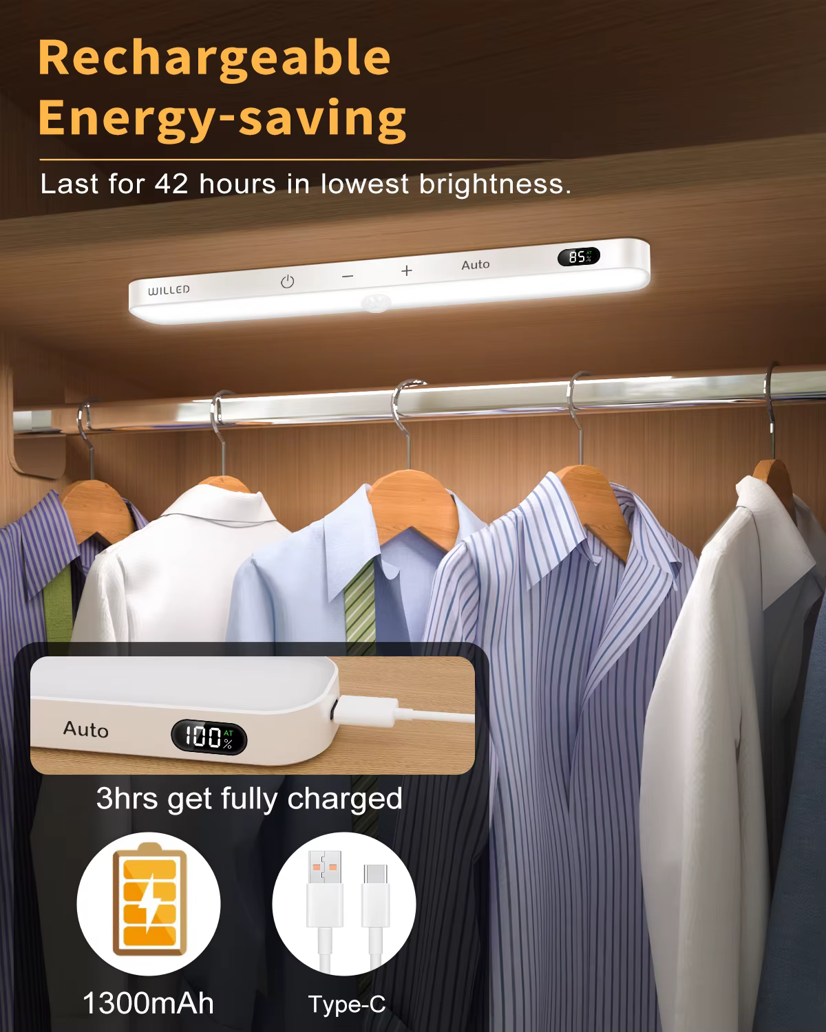 H2523P Barra de luz LED táctil con Sensor de movimiento para armario, luz nocturna con batería recargable inalámbrica, 60 LED - Imagen 2