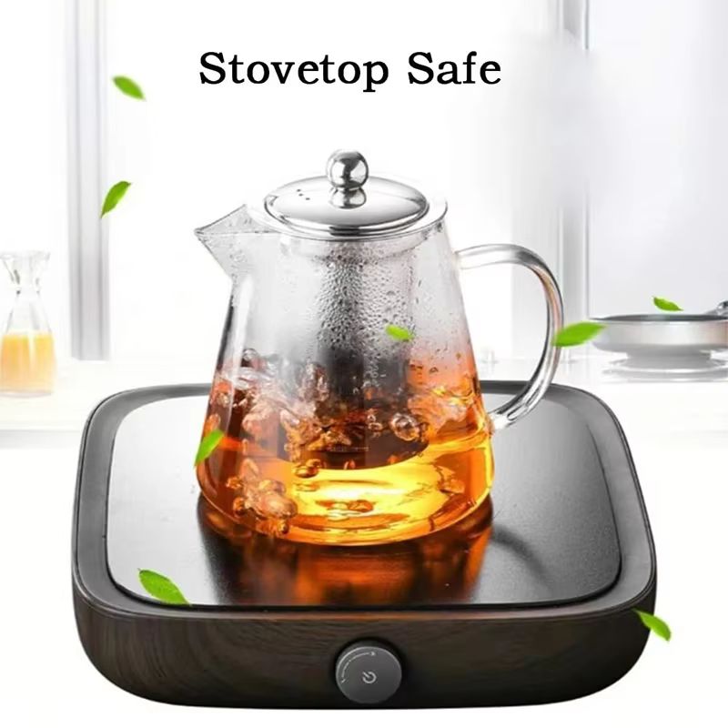 H5914P Tetera de vidrio, tetera de estufa resistente al calor con colador de acero inoxidable, infusor, tetera de Kung Fu adecuada para Cocina de Inducción - Imagen 4