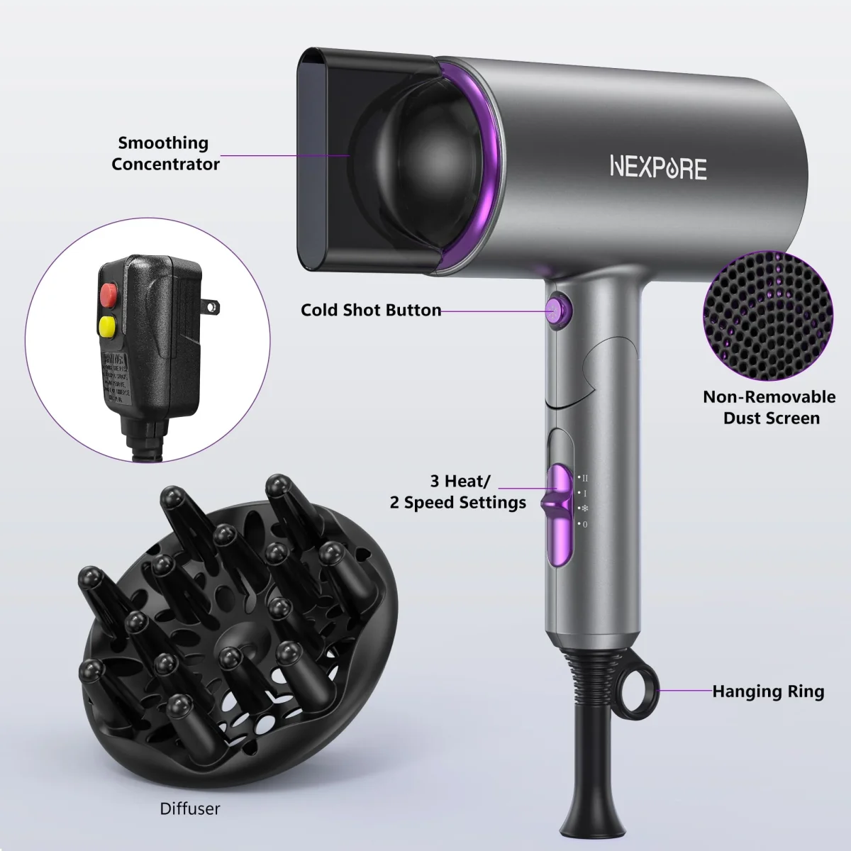 NEXPURE Nueva Actualización de Secador de Pelo Iónico Profesional, Potente Secador de Pelo de 2000W con Accesorios de Difusor y Concentrador, Adecuado para el Hogar y los Viajes, Morado - Imagen 4